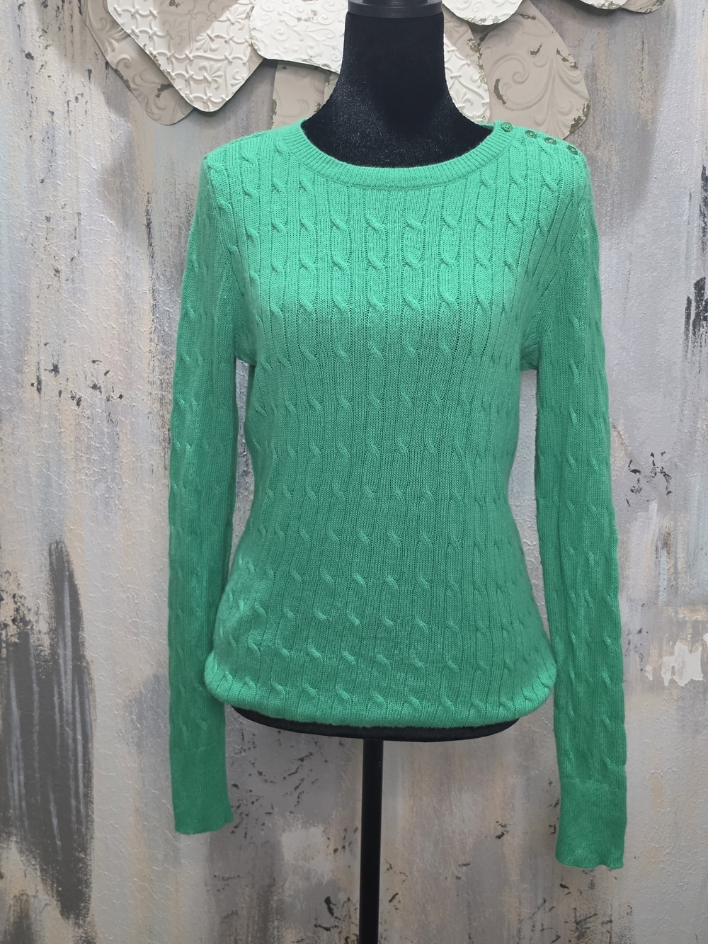 Talbots Bright Green Cable-Knit Crewneck Sweater